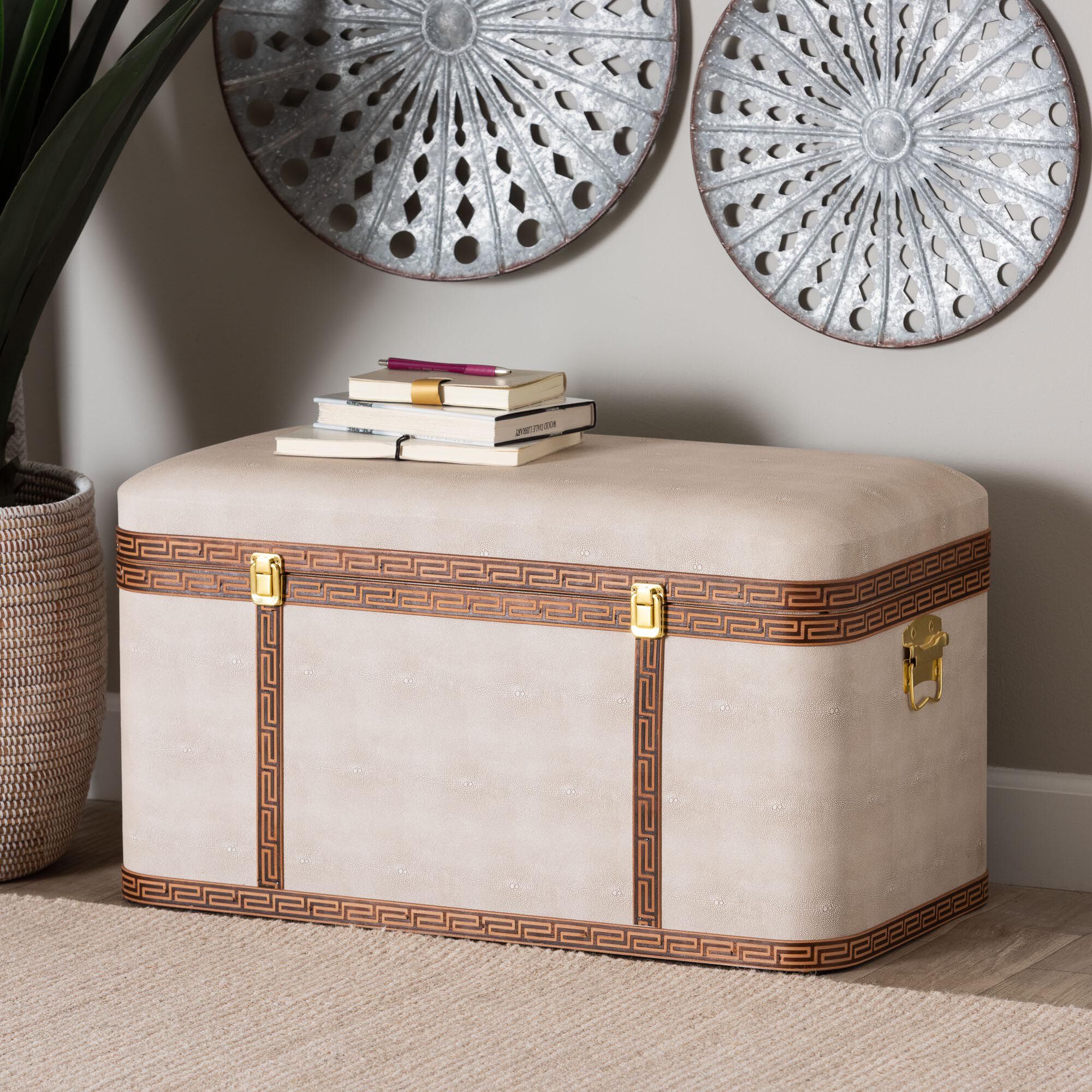 Brenner Modern Transitional Beige Faux Shagreen Storage Trunk, BEIGE, hi-res image number 0