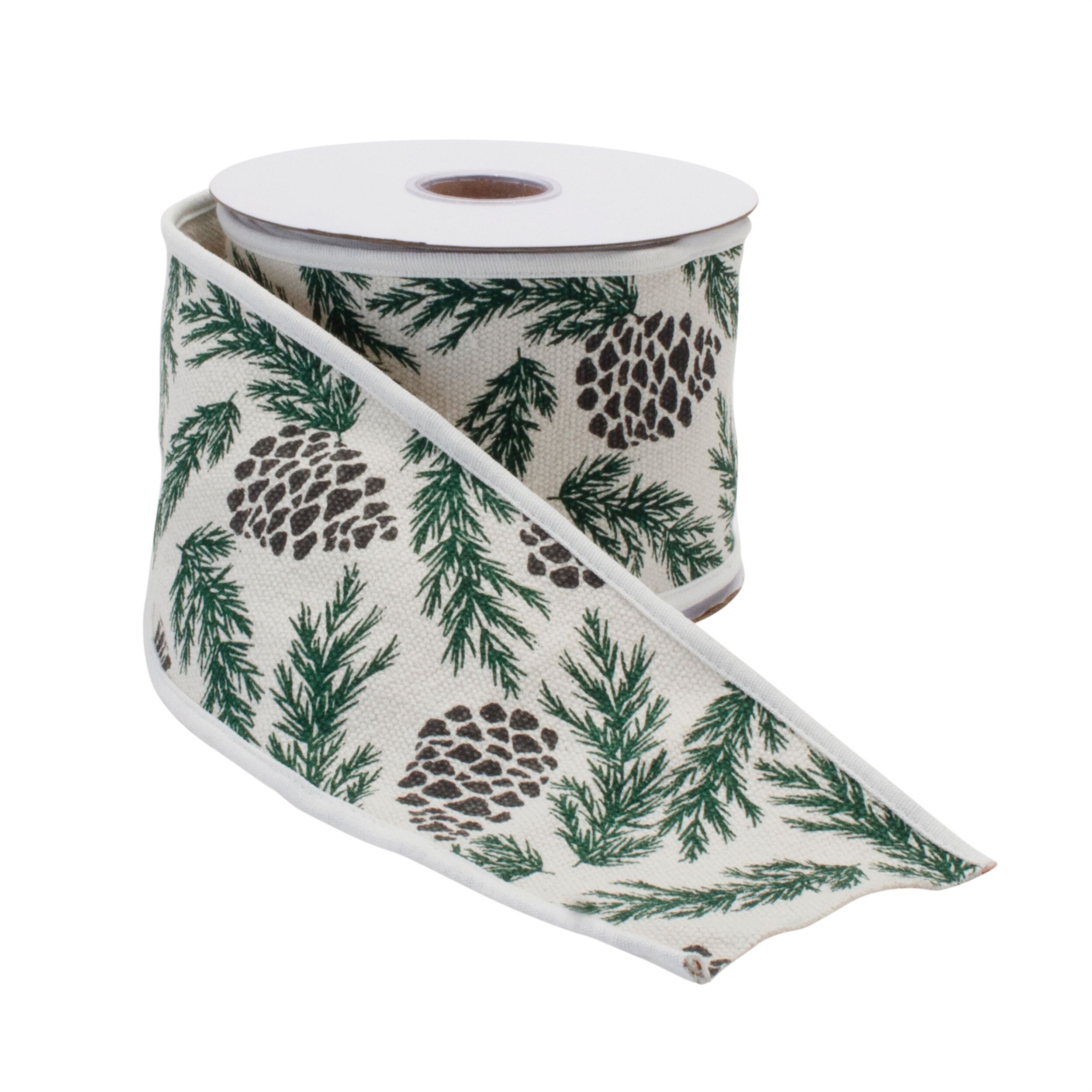 Pine and Pinecone Cotton Wired Ribbon 4 inches x 5yds, WHITE GREEN, alternate image number 1