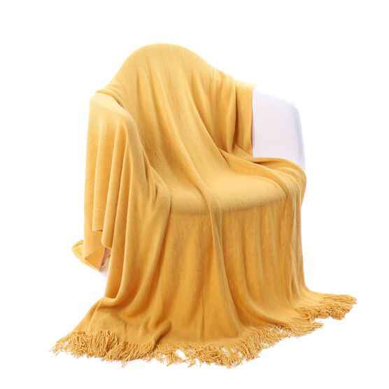 Battilo Home Solid Blanket Cross Woven Couch Throw Knitted Blanket With Decorative Fringe Lightweight For Bed Or Sofa Decorative 51" X 79", YELLOW, hi-res image number null
