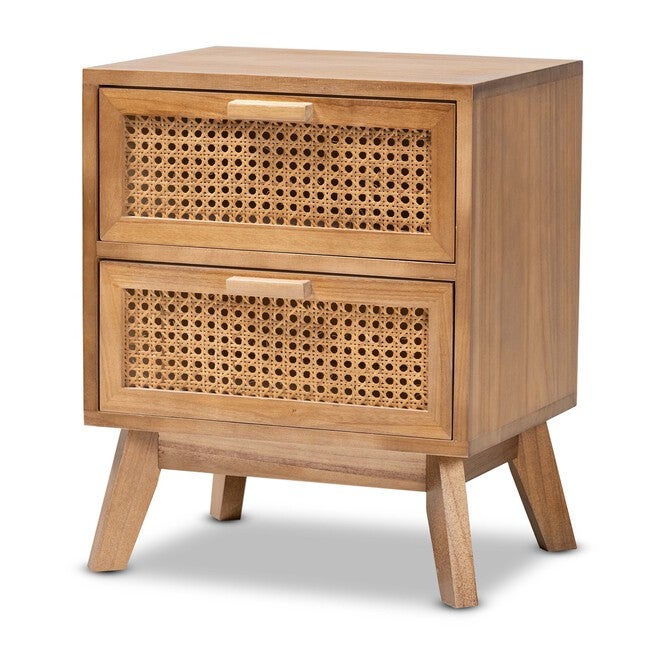 Baden Mid-Century Modern Walnut Brown Finished Wood 2-Drawer Nightstand With Rattan, NATURAL BROWN WALNUT, hi-res image number null
