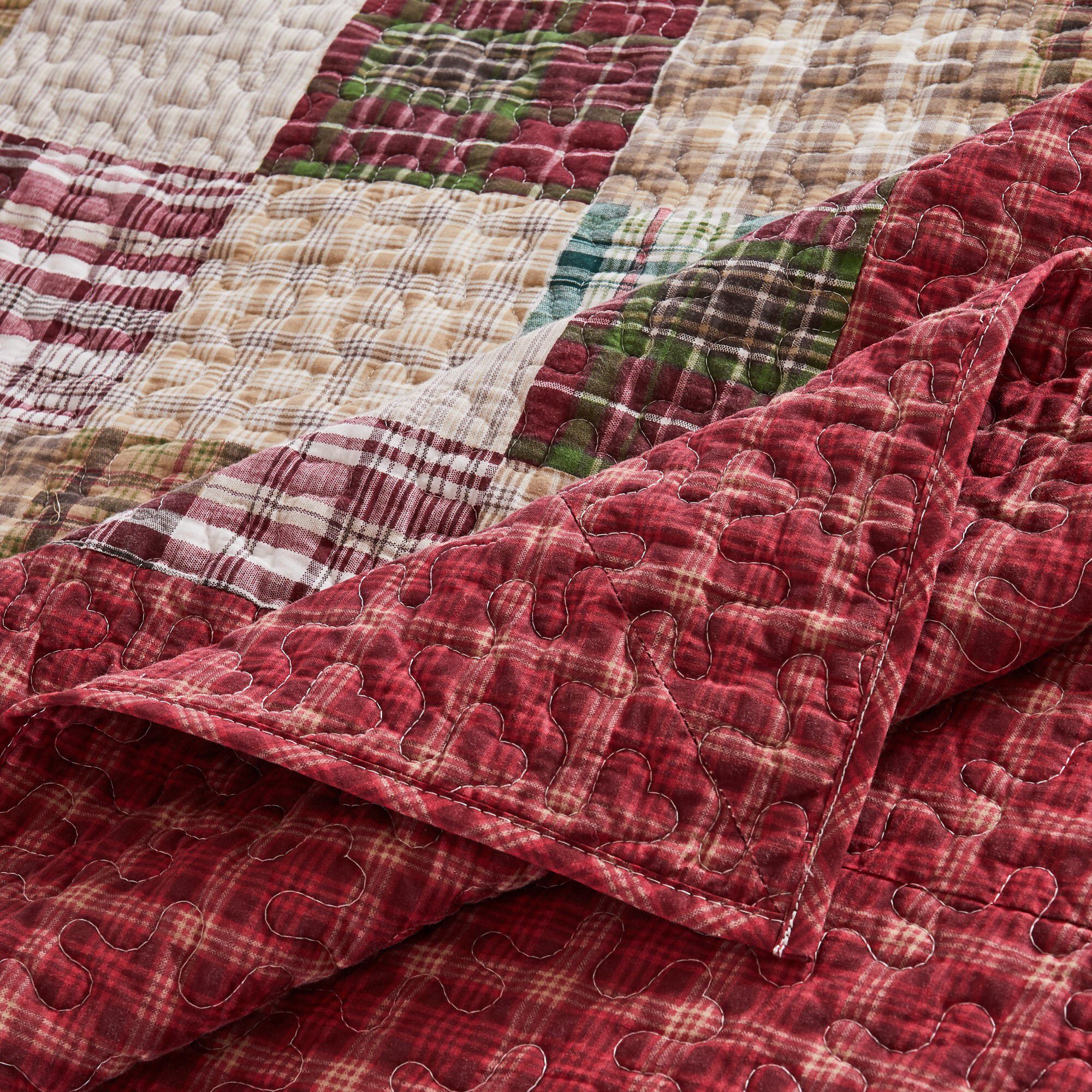Oxford Cotton Patchwork Quilt Set, Red, 3-Piece King, RED, alternate image number 1