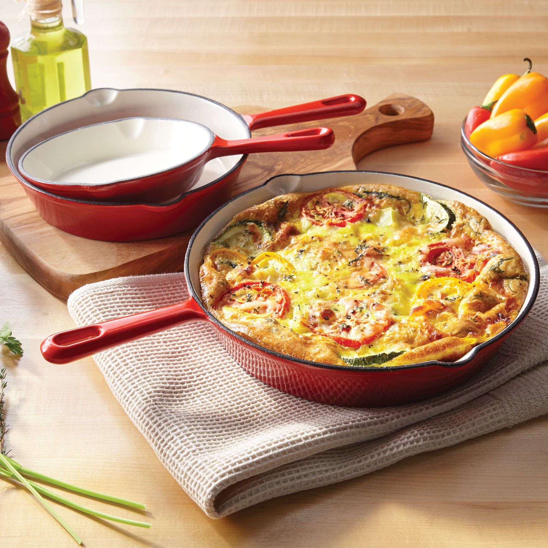 3-Pc. Cast Iron Enameled Skillet Set, RED, hi-res image number 0
