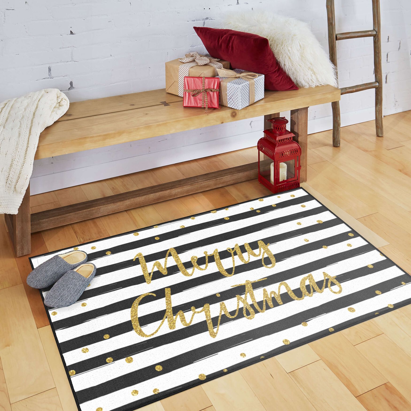 Christmas Stripe Black/White Kitchen Rug, , alternate image number 4