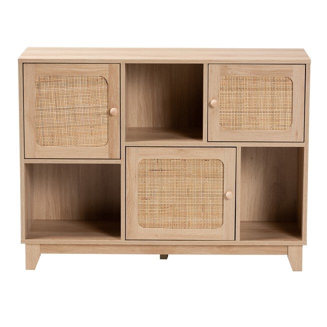 Elsbeth Mid-Century Modern Light Brown Finished Wood And Natural Rattan 3-Door Sideboard, , alternate image number null