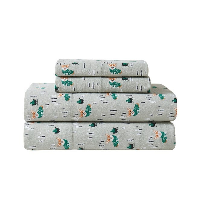 Corgi Snowday Flannel Sheet Set, O, hi-res image number null