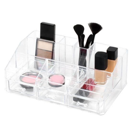 Clearly Chic Makeup Cosmetic Jewelry Organizer Display Box 8 Comp With 3 Drawers, CLEAR, hi-res image number null