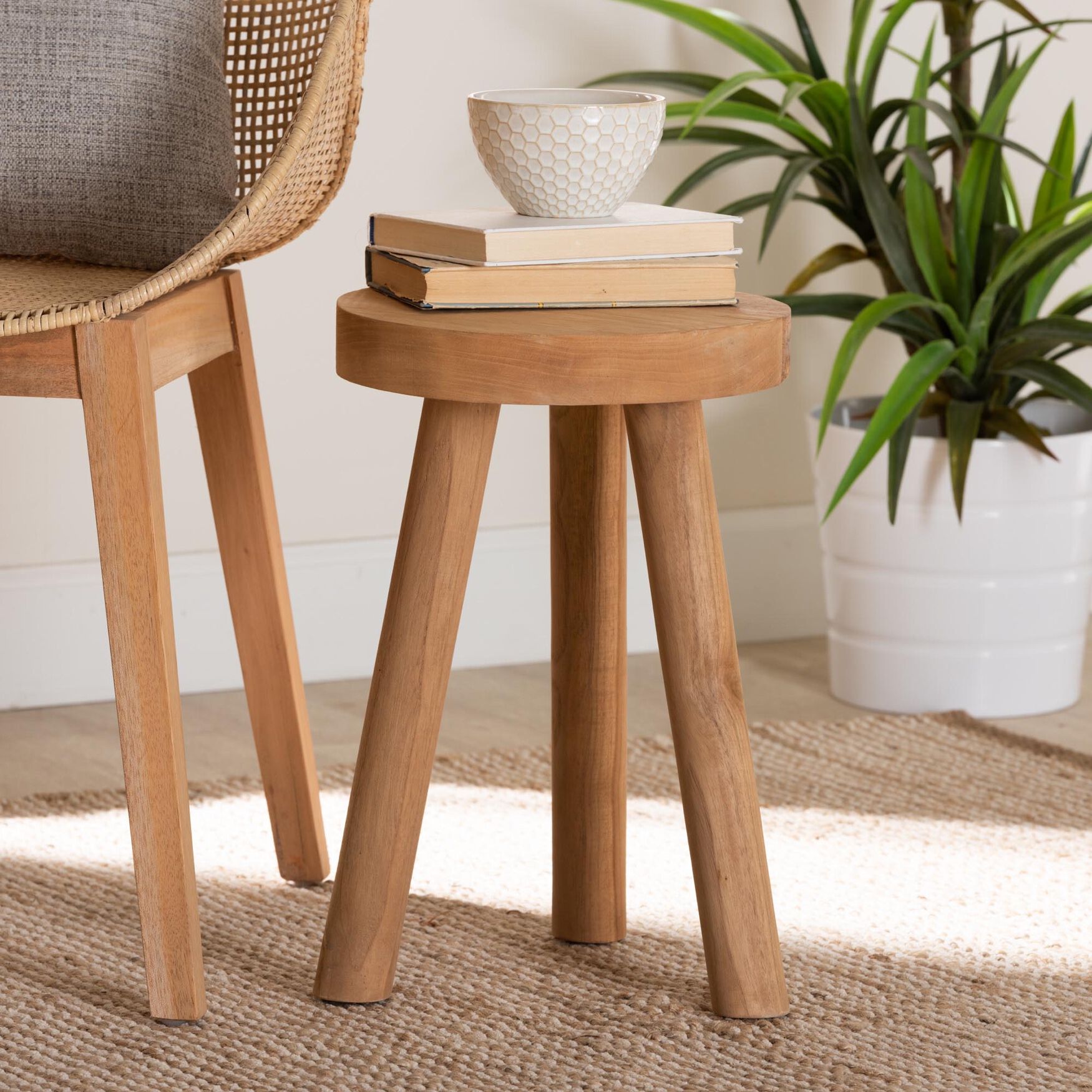 Terah Mid-Century Modern Natural Brown Teak Wood Ottoman Footstool, , alternate image number 5