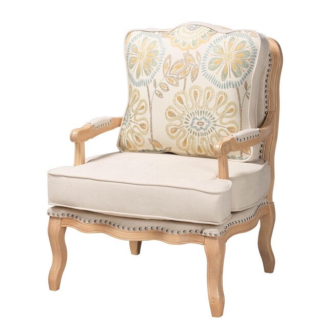 Andre Traditional French Quilted Fabric And Whitewash Finished Wood Accent Chair, WHITE, hi-res image number null