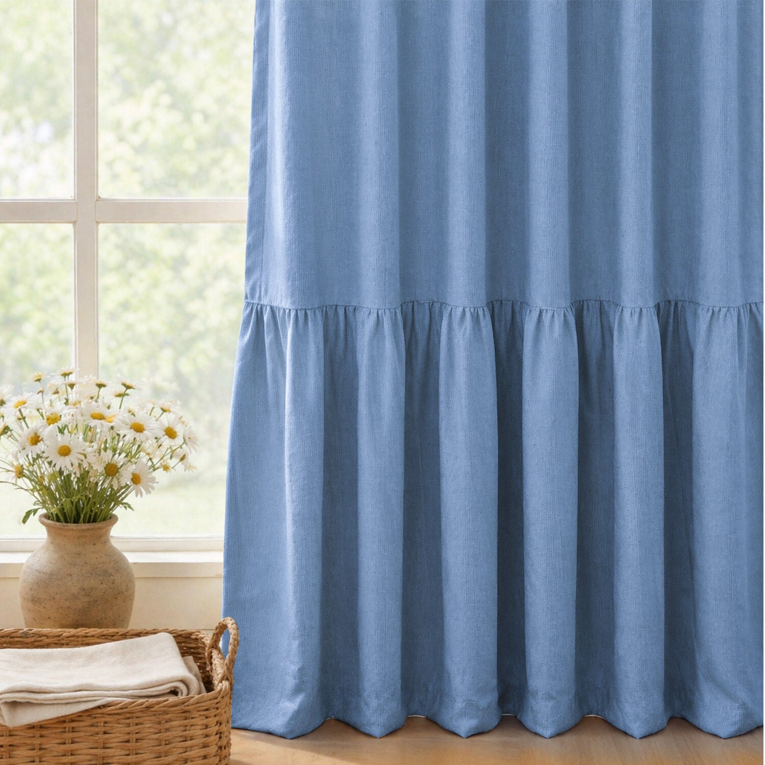 100% Blackout Recycled Cotton Ruffle Curtain Pair, BLUE, alternate image number 3