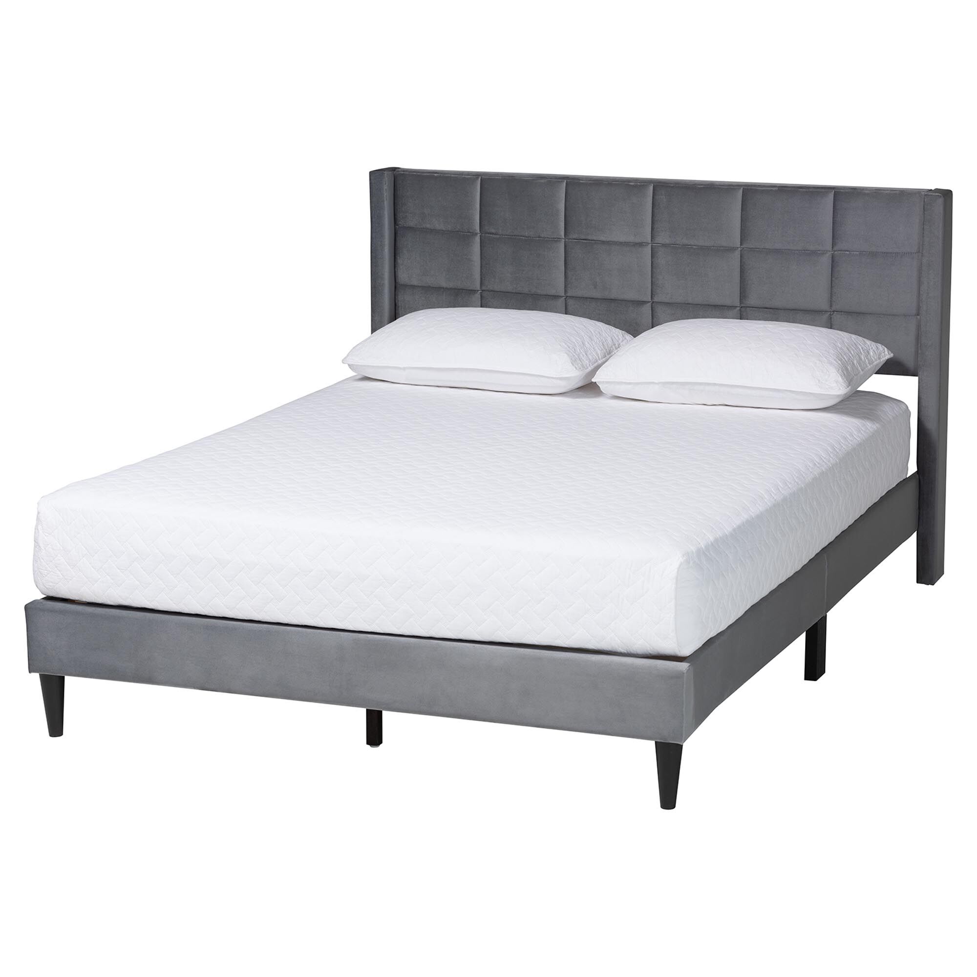 Payne Modern Glam Grey Velvet and Dark Brown Wood Queen Bed, GREY, alternate image number 1