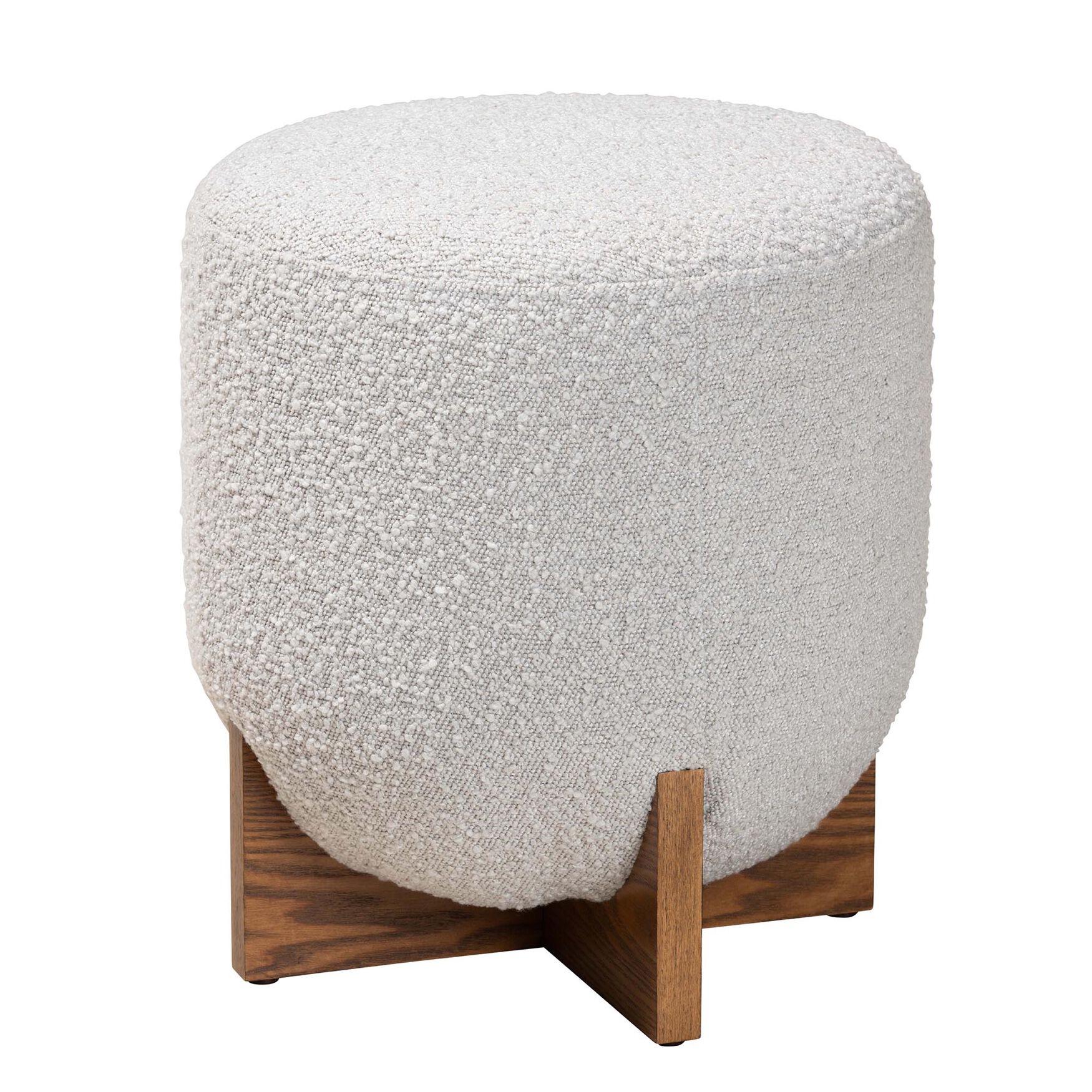 Fisk Japandi Cream Boucle Fabric And Walnut Brown Finished Wood Ottoman Footstool, GREY WALNUT BROWN, hi-res image number 0