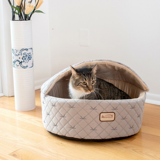 Cuddle Cave Cat Bed With Detachable & Collasible Zipper Top, Small, Pale Silver and Beige, , alternate image number null