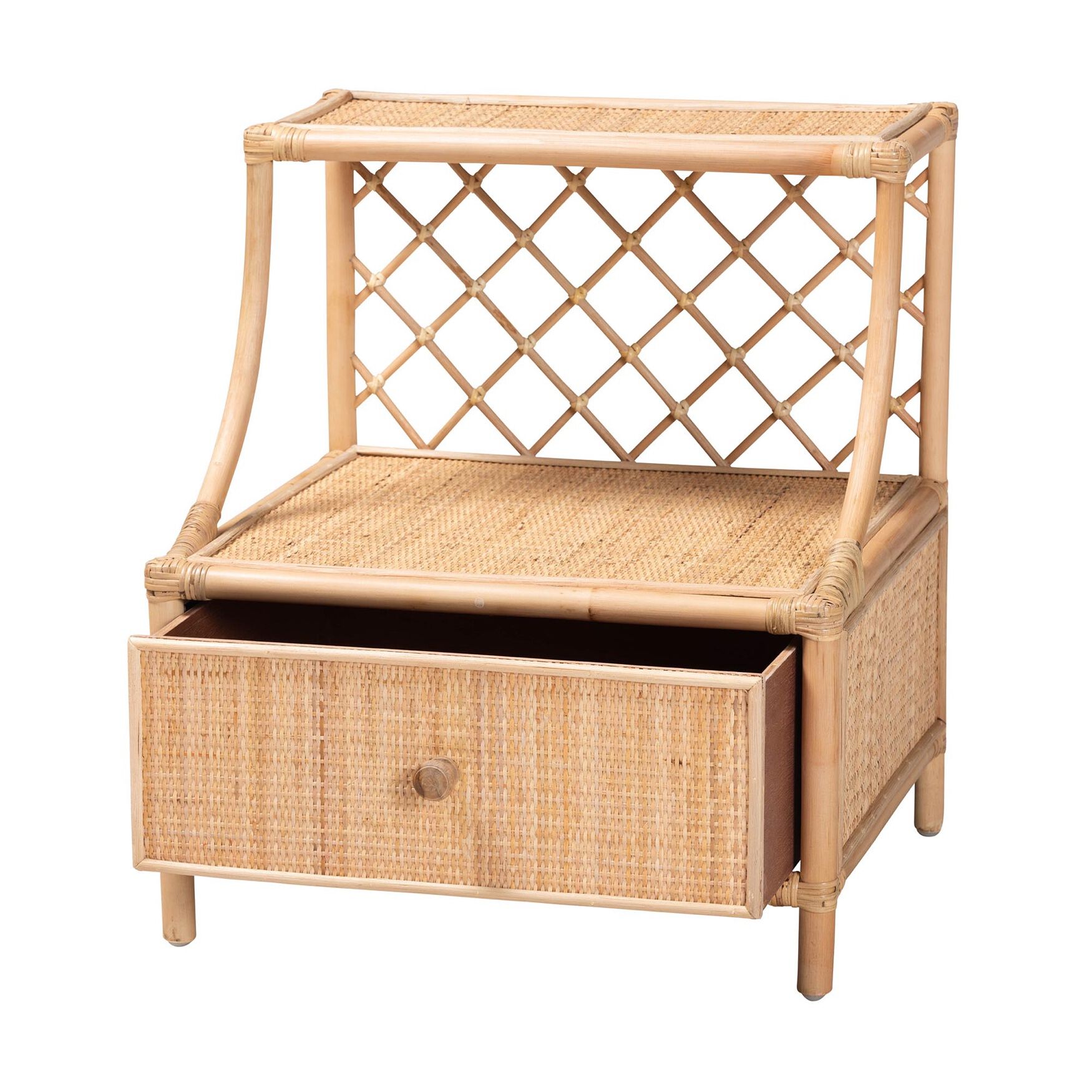 Lalo Modern Bohemian Natural Brown Rattan 1-Drawer Nightstand, , on-hover image number 1