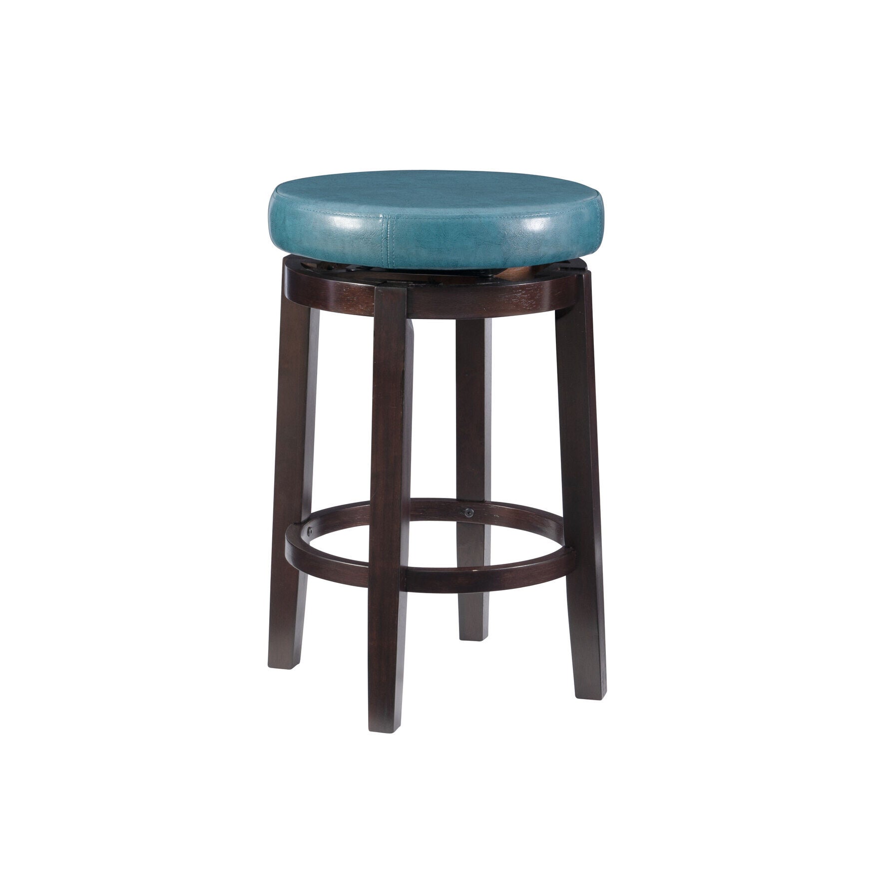 Maya counter stool with dark wooden frame and teal upholstered round seat