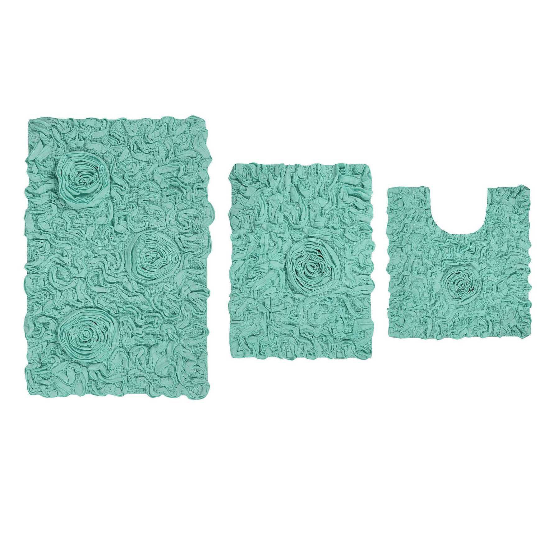 Bell Flower 3 Piece Bath Rug Collection, TURQUOISE, hi-res image number 0