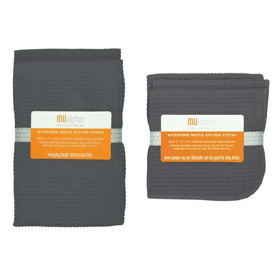 Microfiber Waffle Cloth & Towel 5pc Set, GRAY, hi-res image number null