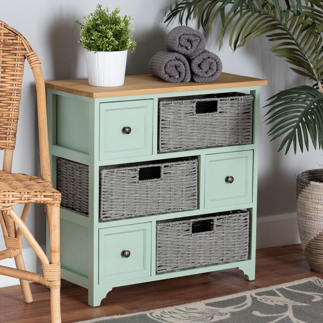 Valtina Modern And Contemporary Two-Tone Oak Brown And Mint Green Finished Wood 3-Drawer Storage Unit With Baskets, , alternate image number 7