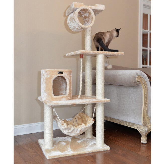 62 inches Real Wood Cat Tree With Scratch Posts, Hammock, , on-hover image number 1