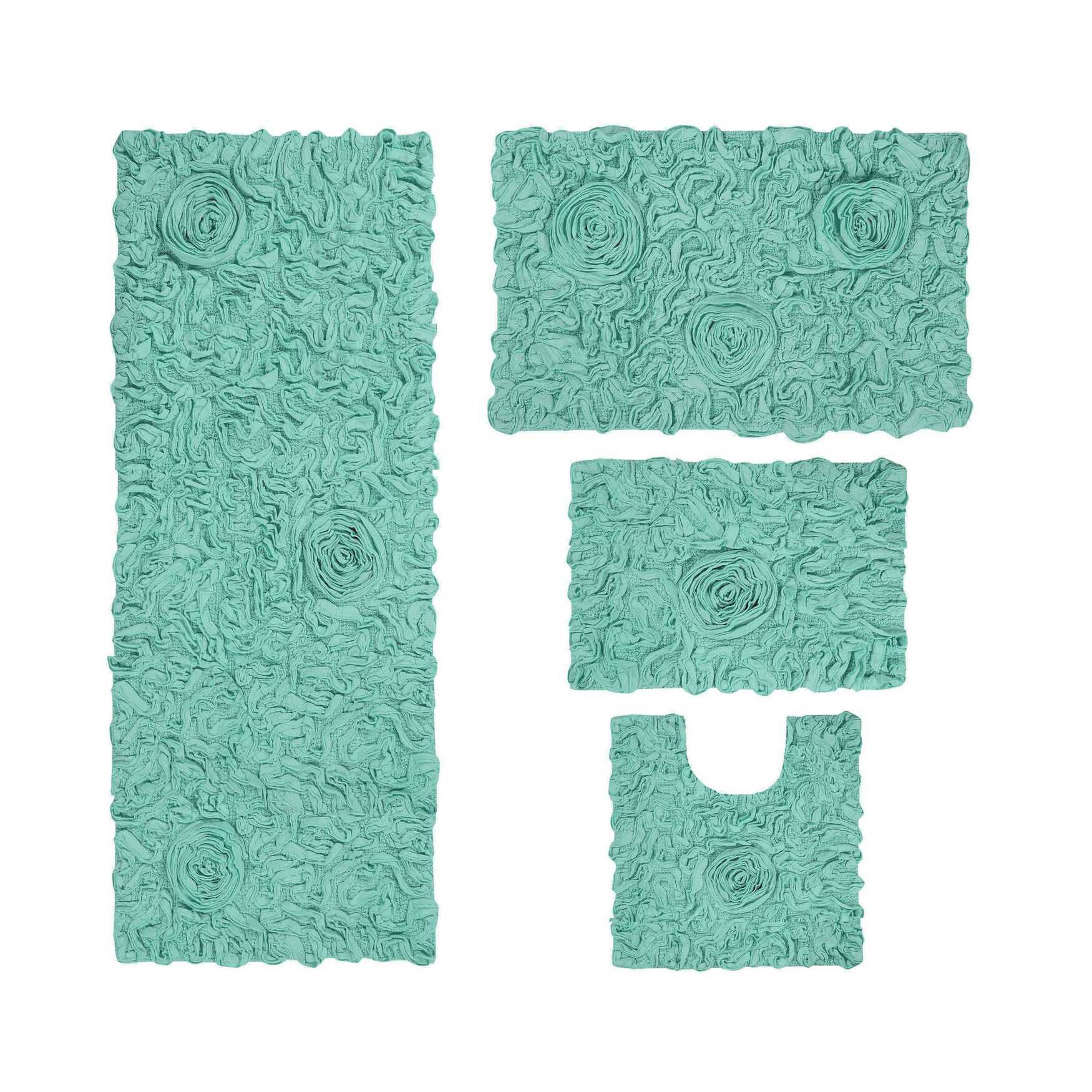 Bell Flower 4 Piece Set Bath Rug Collection, TURQUOISE, hi-res image number 0
