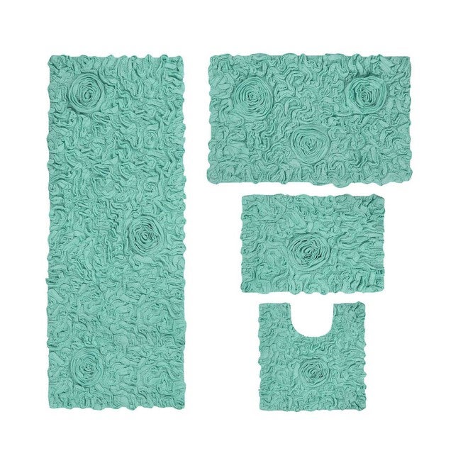 Bell Flower 4 Piece Set Bath Rug Collection, TURQUOISE, hi-res image number 0