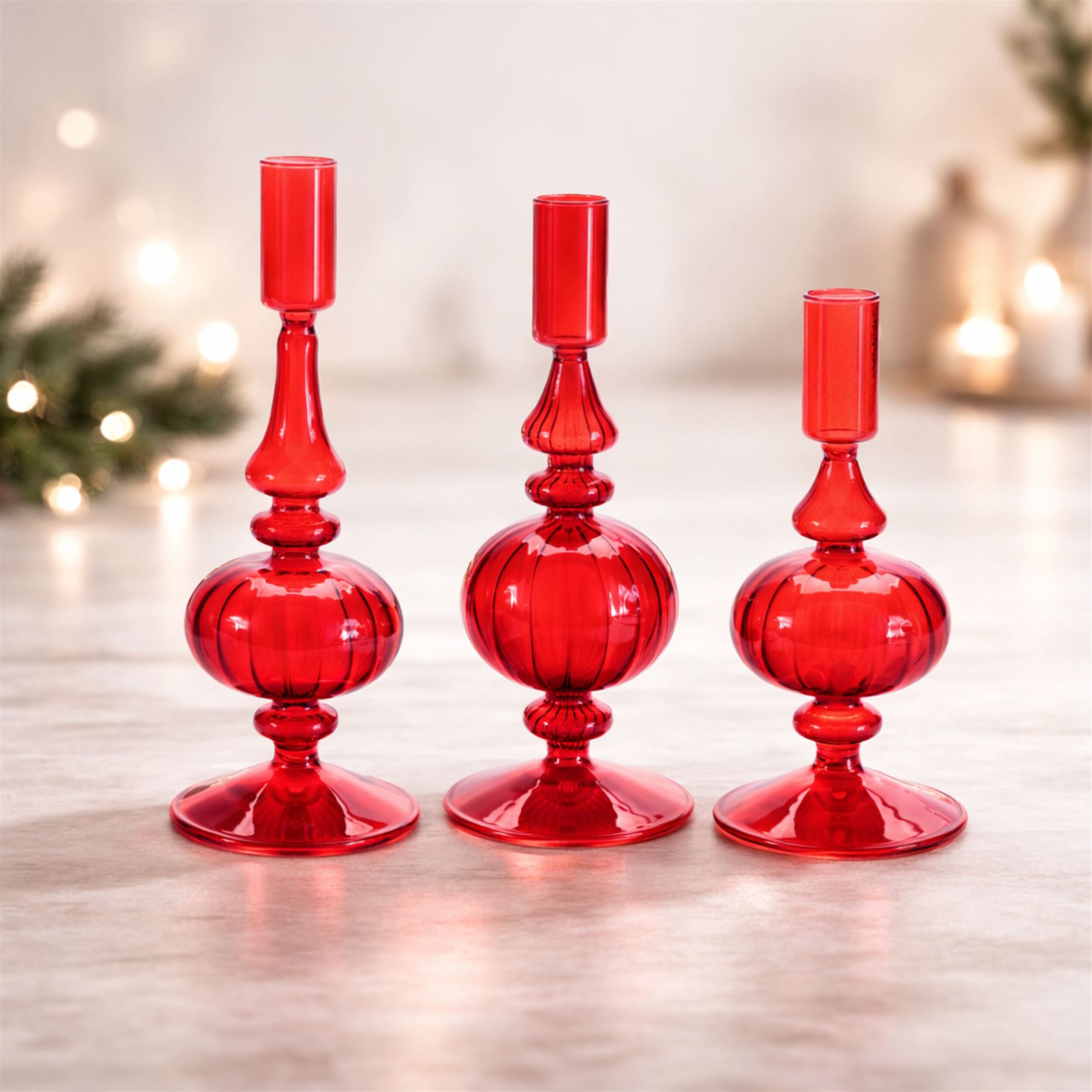 Ribbed Glass Taper Candle Holder (Set of 3), RED, alternate image number 2