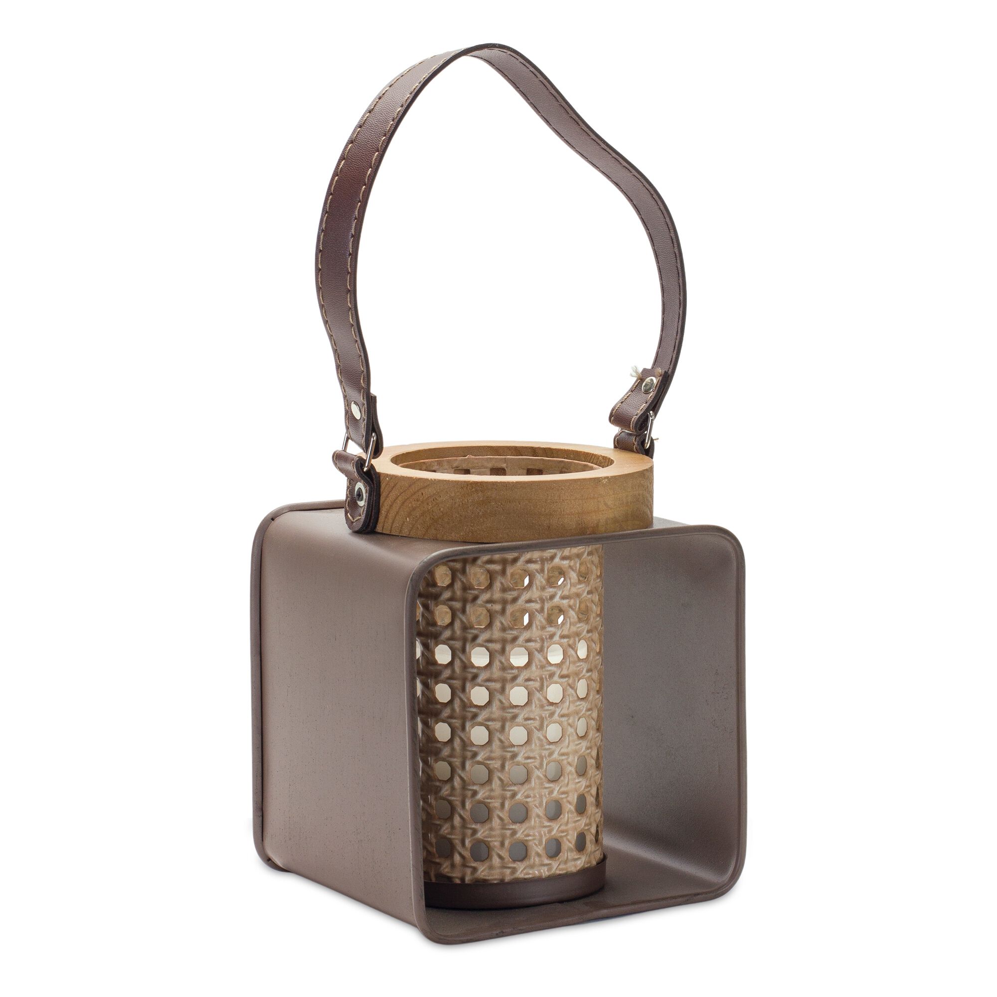 Candle Holder 6.25 inchesL x 7.25 inchesH Iron/Wood, BROWN, hi-res image number 0
