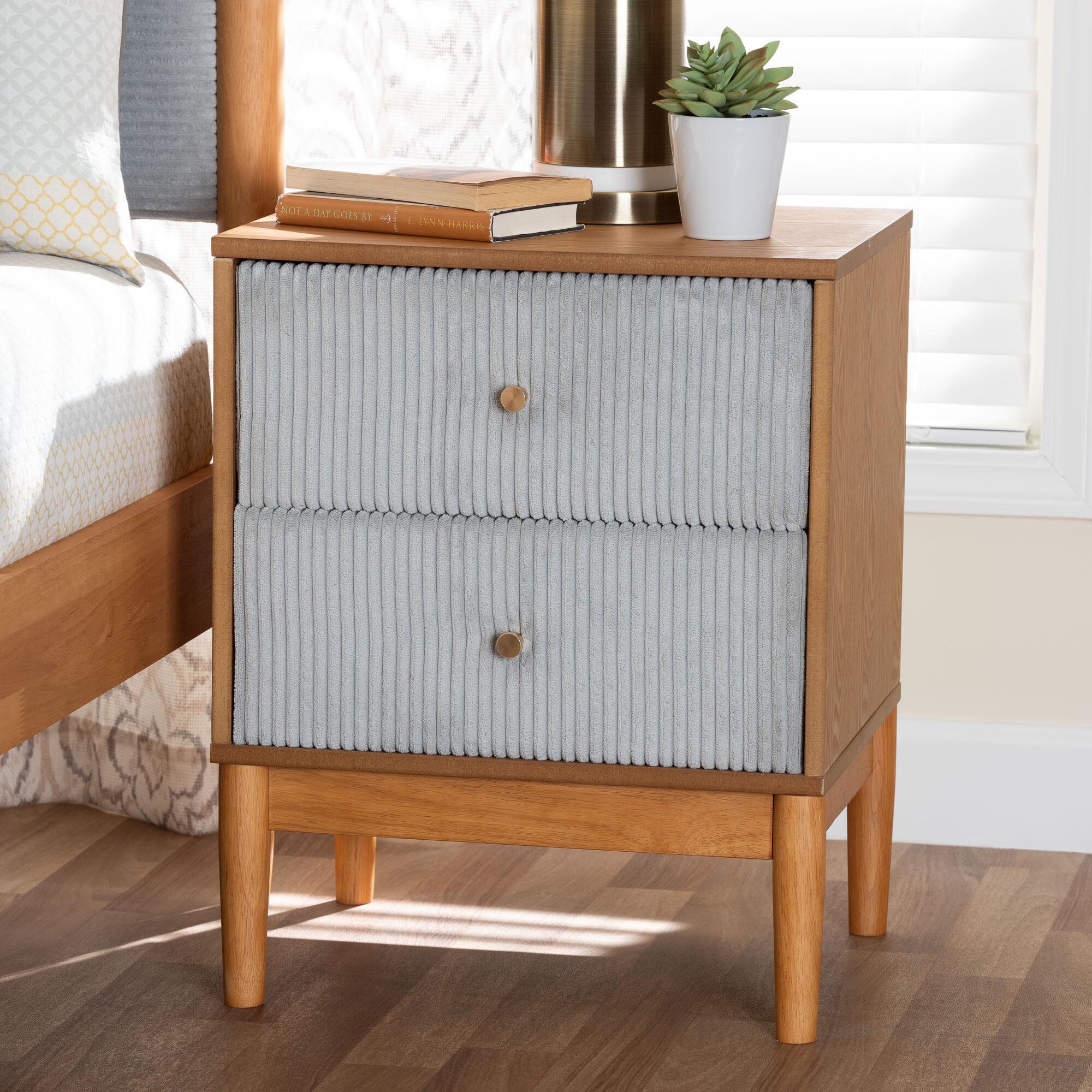 Taylin Mid-Century Grey Corduroy and Oak Brown Wood 2-Drawer Nightstand, GREY, hi-res image number 0