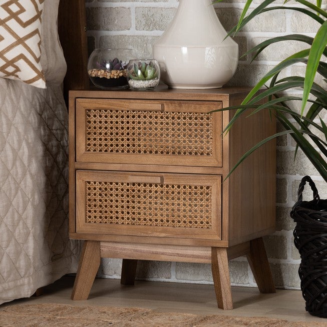 Baden Mid-Century Modern Walnut Brown Finished Wood 2-Drawer Nightstand With Rattan, , alternate image number null