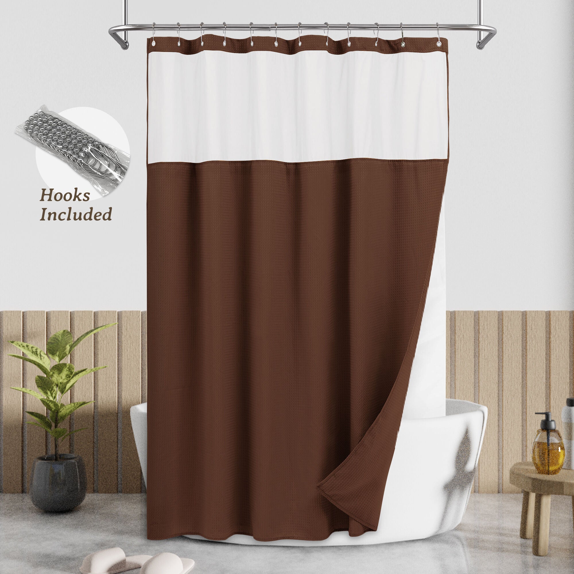 Dobby Waffle Shower Curtain with Snap-in Liner, Hooks included, BROWN, hi-res image number 0