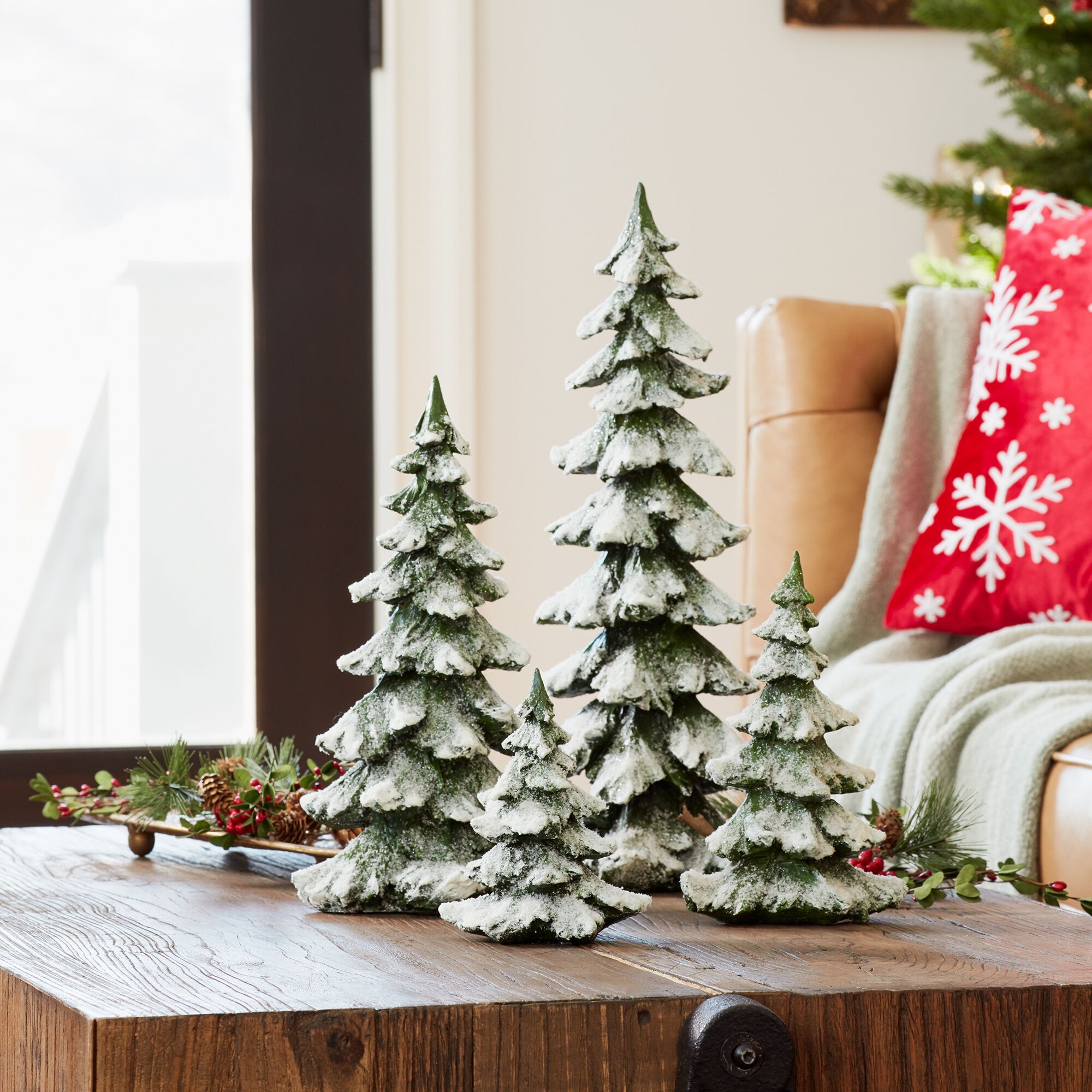 Green Flocked Pine Tree Decor (Set of 4), GREEN WHITE, alternate image number 3