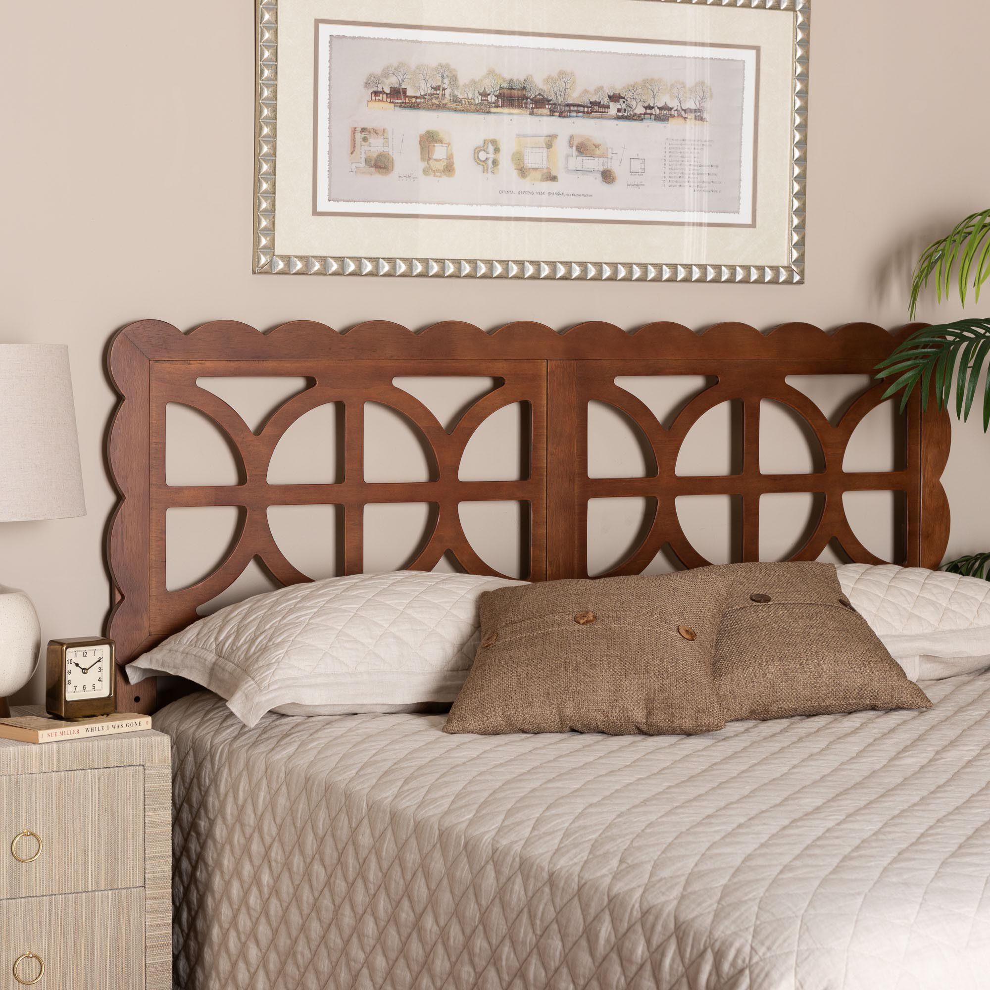 Nansen Wood Headboard with Scalloped Frame, Queen, Walnut, BROWN, hi-res image number 0