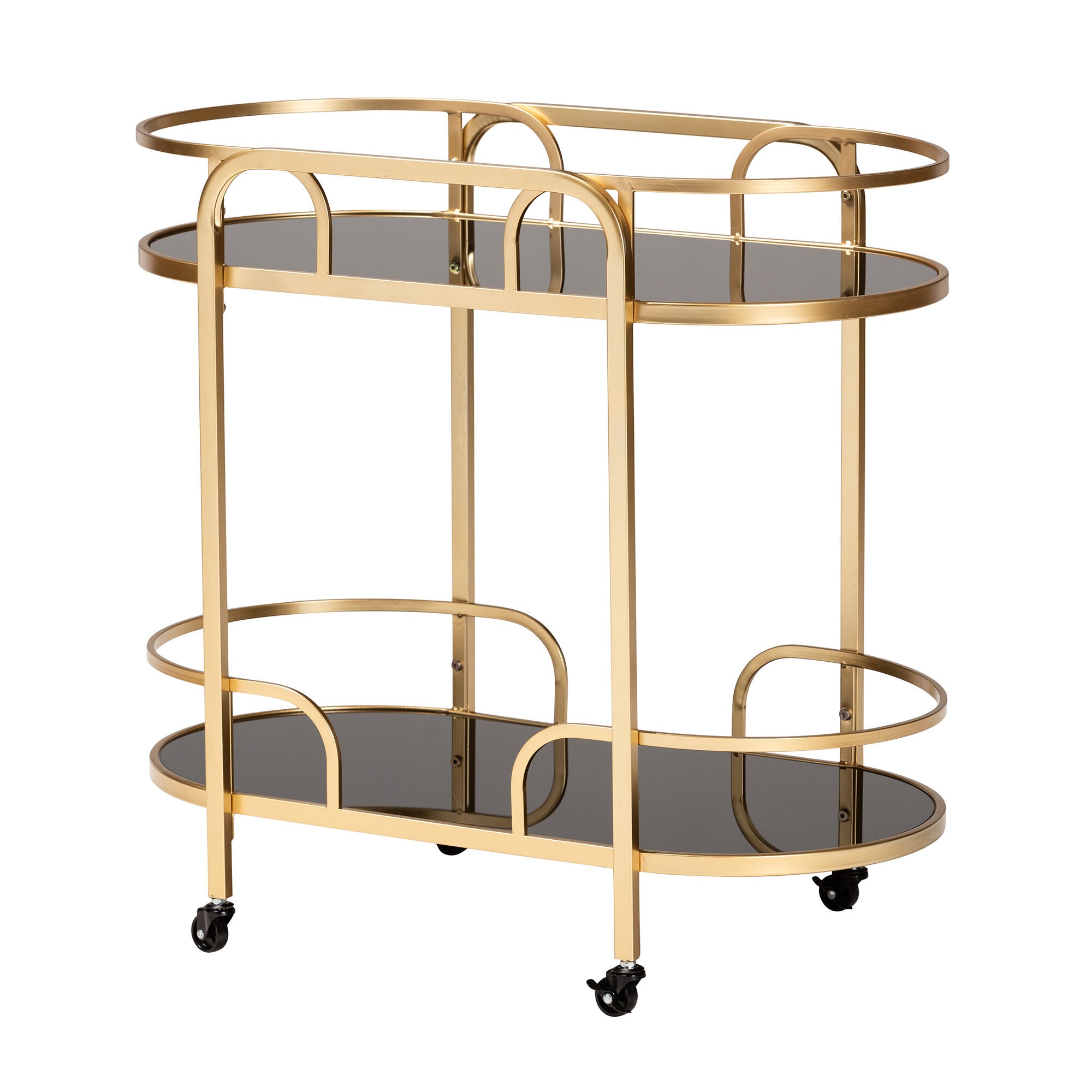 Leighton Contemporary Glam and Luxe Gold Metal and Tempered Glass 2-Tier Wine Cart, GOLD, alternate image number 1