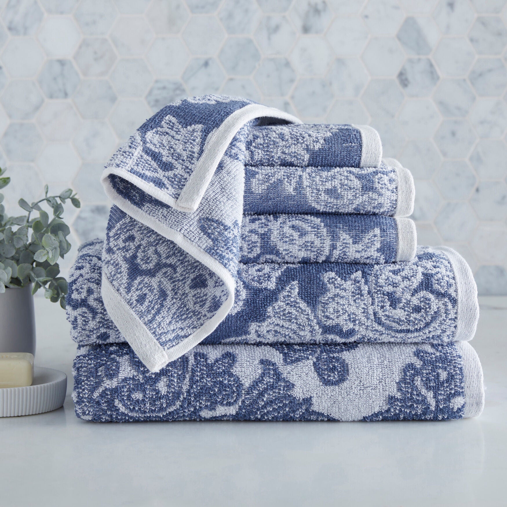 6 Piece Damask Towel Set Cotton Jacquard Ashley Blue Catherines