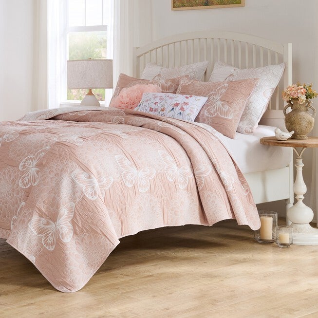 Mariposa Reversible Matelassé Blossom and Butterflies Coverelet Set, PINK, alternate image number 1