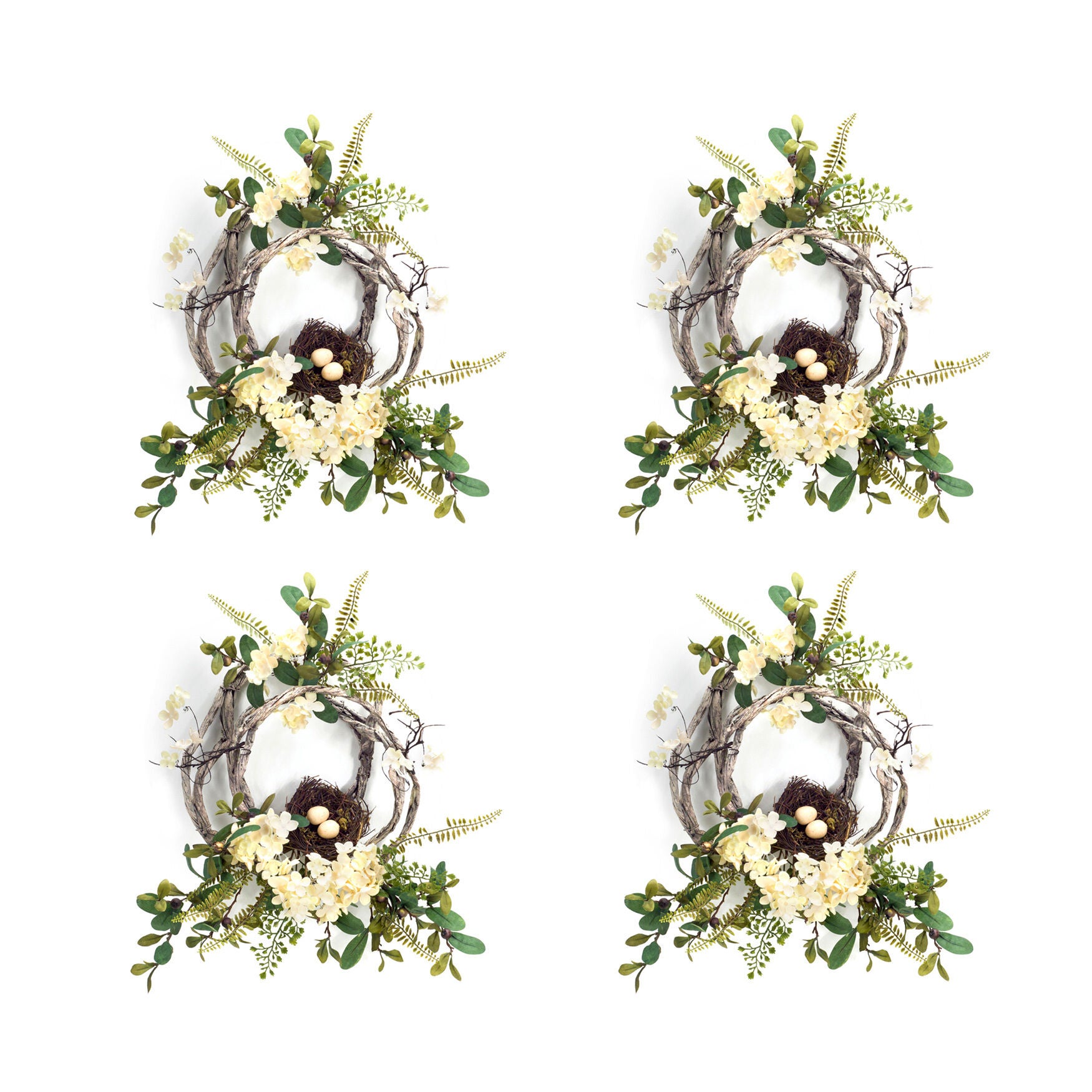 Woven Grapevine Wreath With Hydrangea And Bird Nest Accents (Set Of 4), , on-hover image number 1