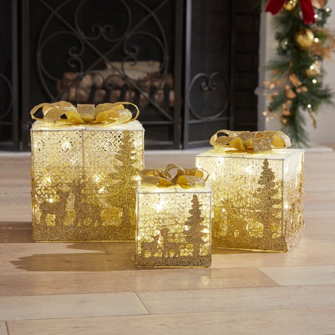 PRE-LIT SHIMMERING GIFT BOXES, SET OF 3, WHITE GOLD, hi-res image number 0