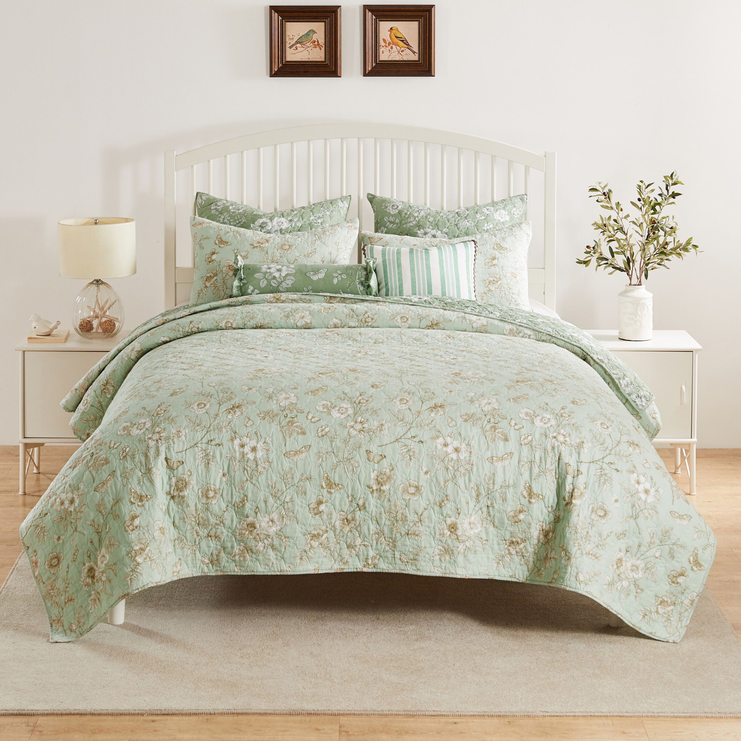 Greenland Home Fashions Olivia Finely Stitched Reversible Modern  Floral Quilt Set, 2-Piece Twin/XL, Mint, MINT, alternate image number 6