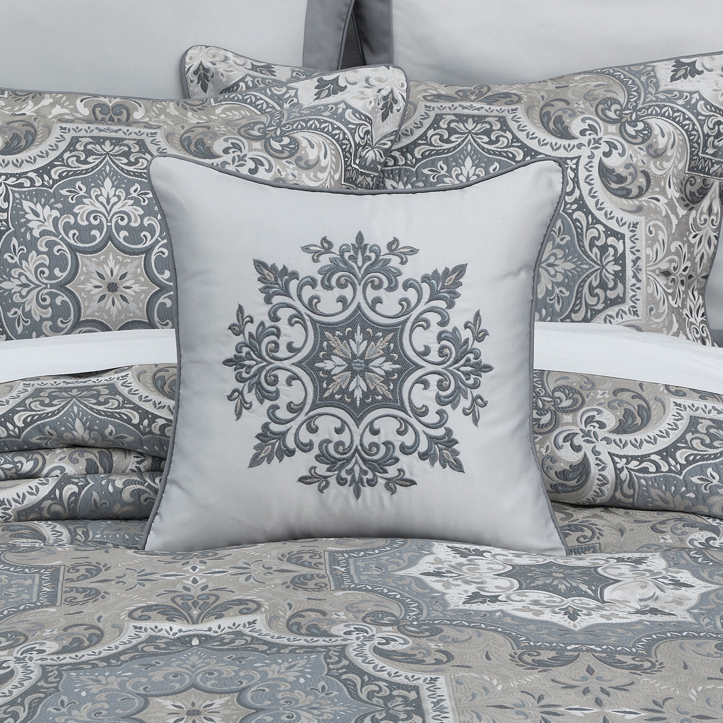 LISBON 18 inches SQUARE EMBELLISHED DECORATIVE THROW PILLOW, IVORY, hi-res image number 0