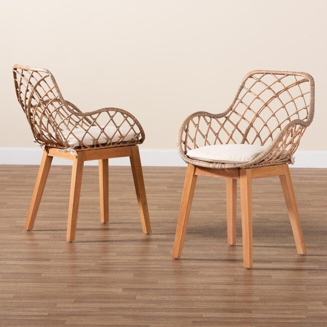 Ballerina Modern Bohemian Greywashed Rattan And Natural Brown Finished Wood 2-Piece Dining Chair Set, , alternate image number 6