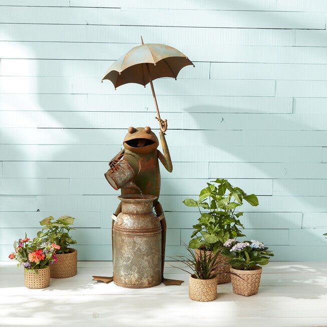 Rustic Copper Metal Frog With Umbrella Fountain 53.75 inchesH, , on-hover image number null
