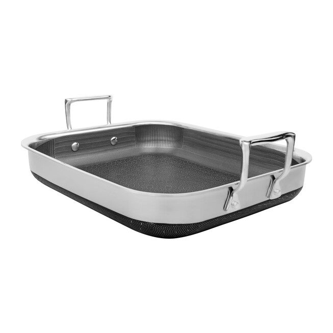 LIVWELL DiamondClad™ 14-inch Hybrid Nonstick Stainless Steel Roasting Pan with Basket, Dishwasher Safe, PFOA-free – Silver/Black, SILVER, alternate image number null