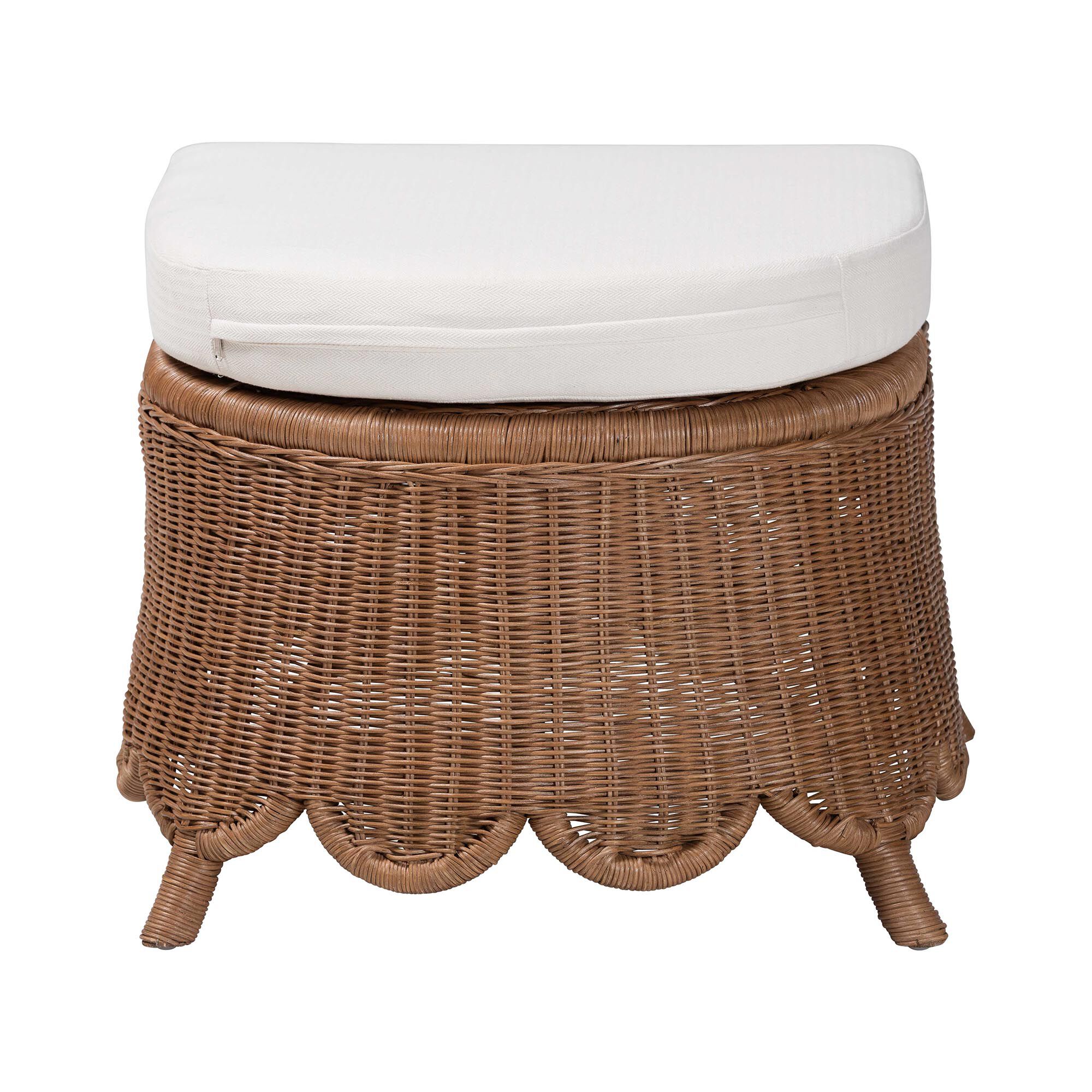 Natural rattan footstool with white cushion
