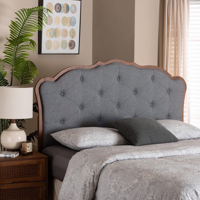 Leandra Classic And Traditional Grey Fabric And Walnut Brown Finished Wood Queen Size Headboard, , alternate image number null
