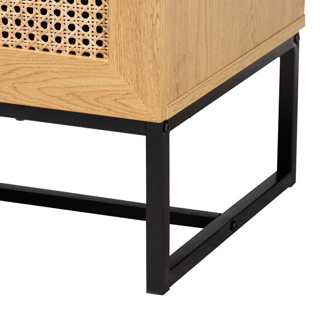 Sawyer Mid-Century Modern Industrial Oak Brown Finished Wood And Black Metal 3-Drawer Storage Cabinet With Natural Rattan, , alternate image number null
