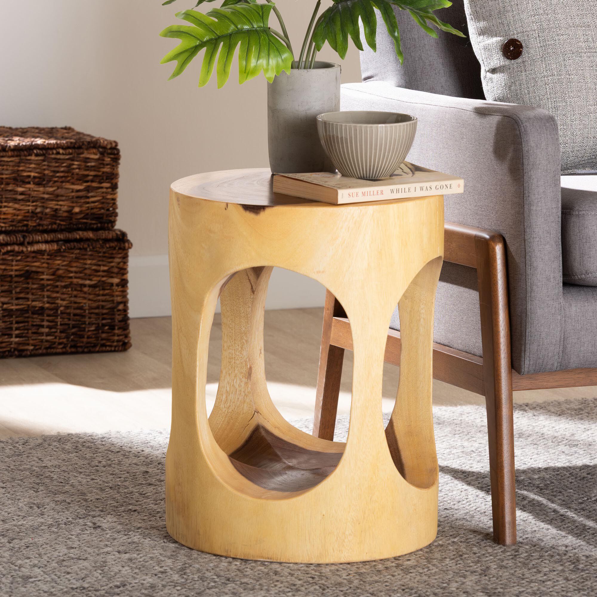 Kaseko Hand-carved Suar Wood Side Table, NATURAL BROWN, hi-res image number 0