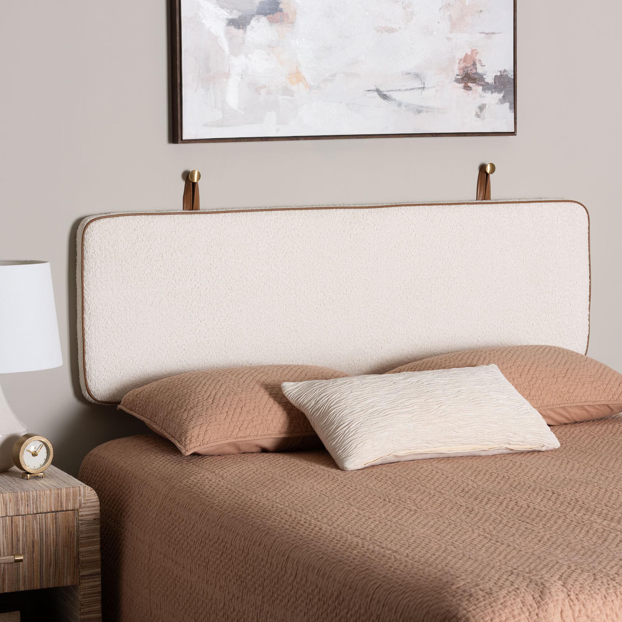 Belden Boucle Upholstered Wall-Mounted Queen Headboard - Padded Cushion Panel with Faux Leather Piping, WHITE, hi-res image number 0