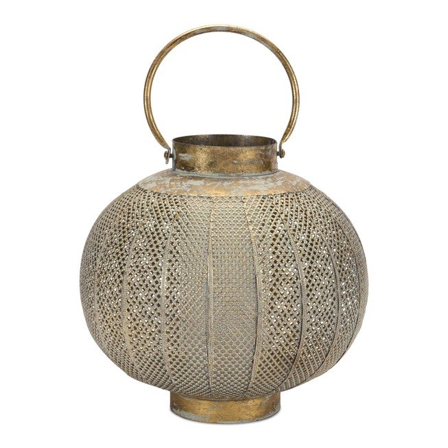 Punched Metal Candle Holder 11.5 inchesH, COPPER/GREEN, hi-res image number null