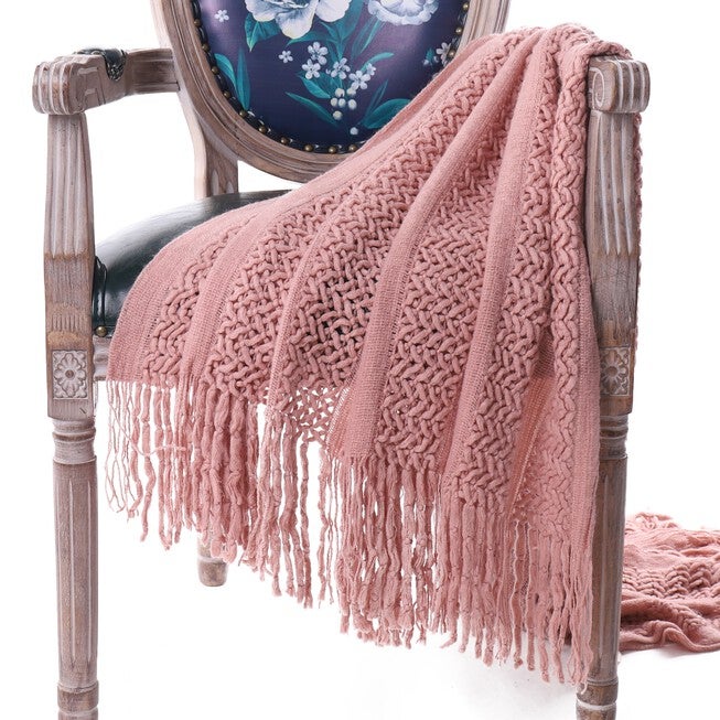 Battilo Home Solid Knit Mesh Tassels Throw Blanket Super Soft Warm Multi Color, 51 inches x 79 inches, PINK, hi-res image number 0