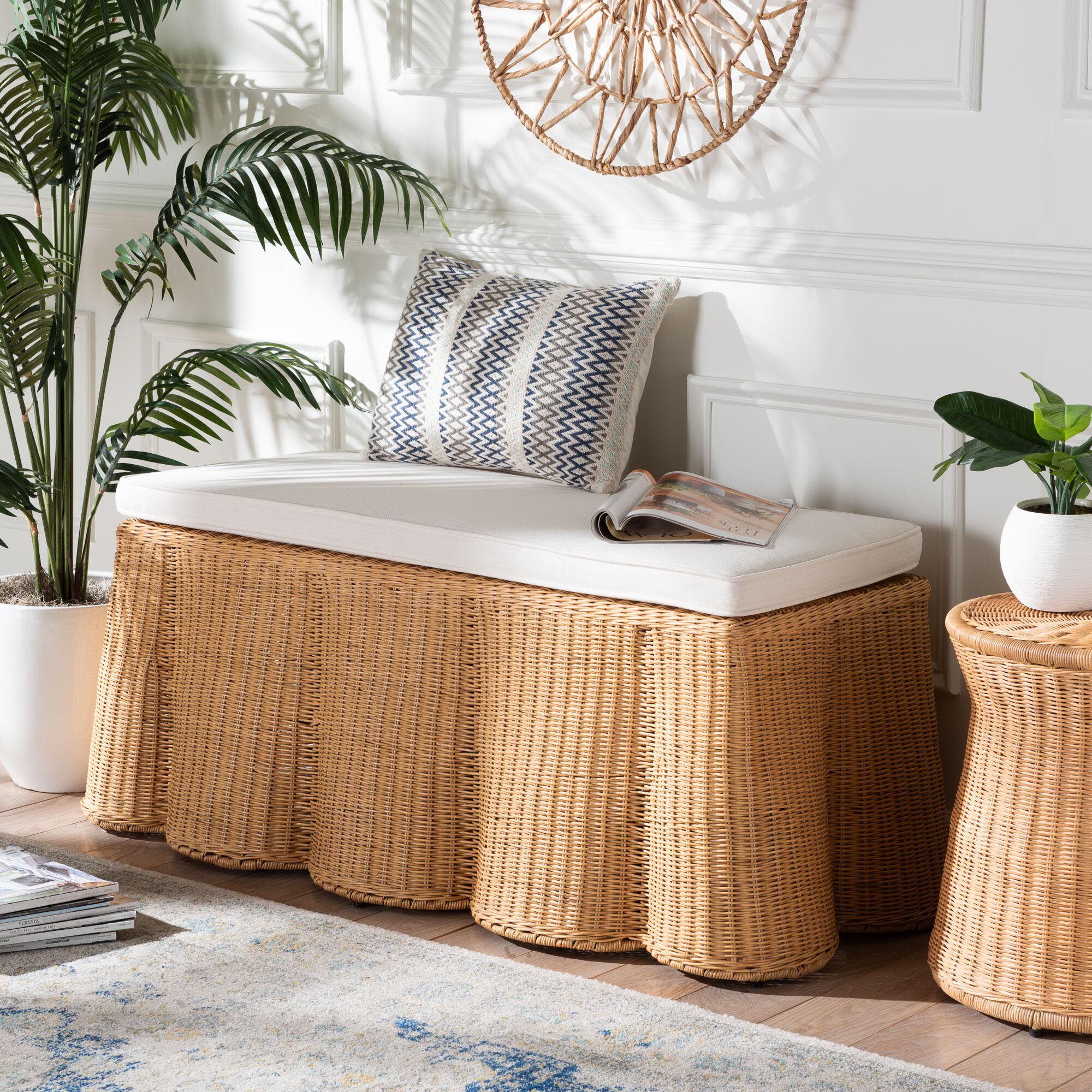 Natural rattan rectangular ottoman with white cushion top