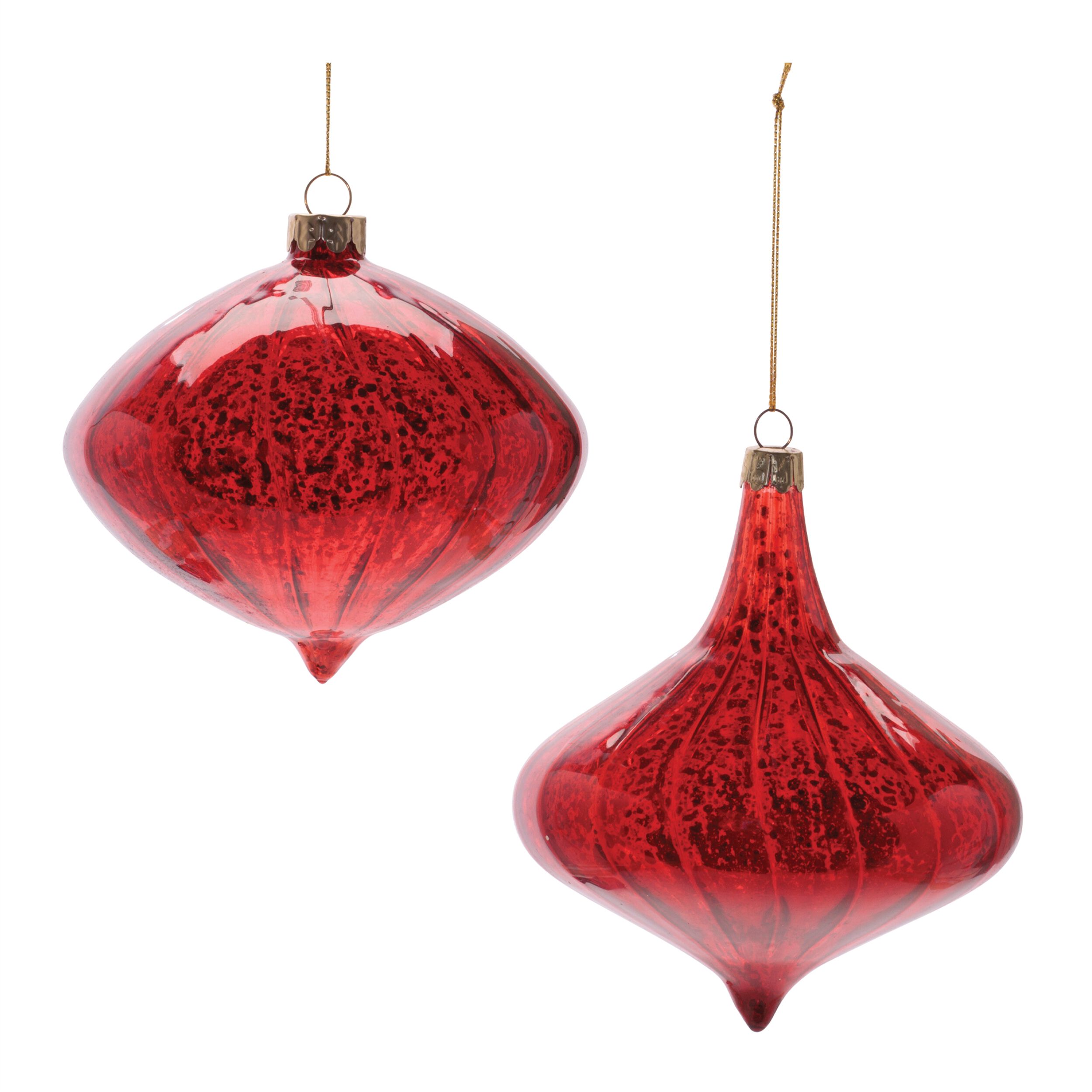 Ribbed Mercury Glass Onion and Finial Ornament (Set of 4), RED, hi-res image number 0